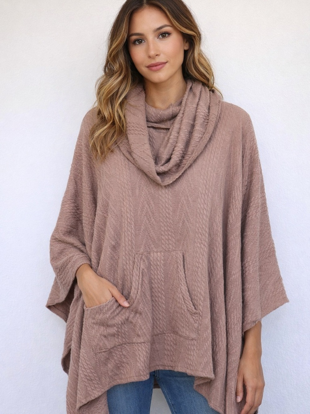 Le Moda Knit Poncho Sweater Cowl Neck Oversized Boho Taupe Large